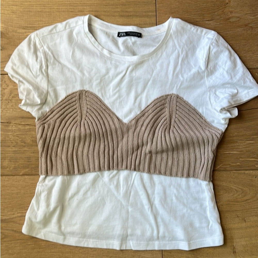 Zara White Tee with Tan Ribbed Detail